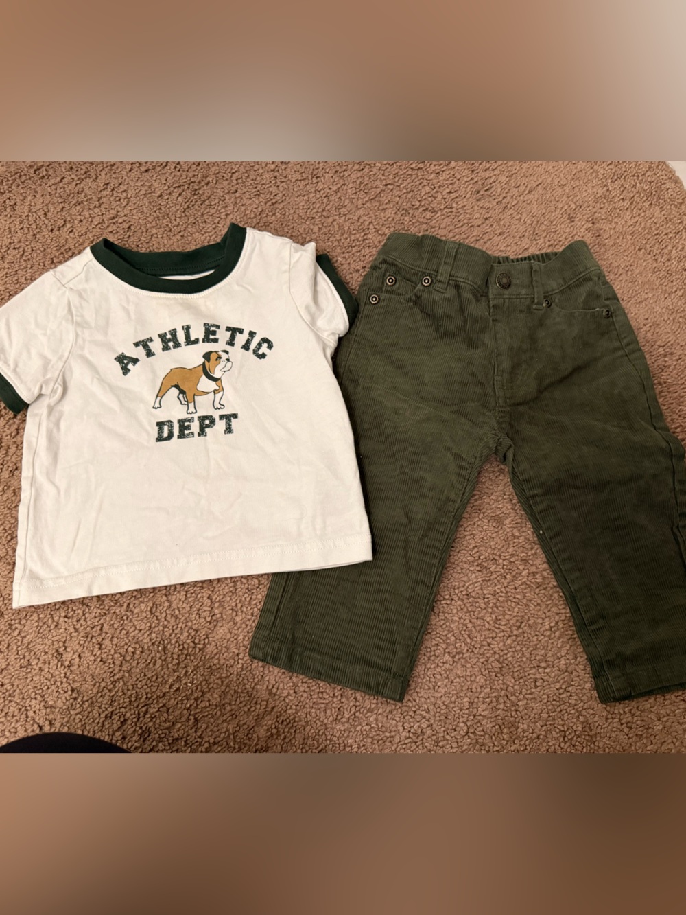 Janie and Jack White Tee with Dark Green Trim and Distressed Graphic
